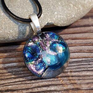 Dichroic Fused Art Glass Round Blue Multi Pendant Black Leather Cord Necklace A